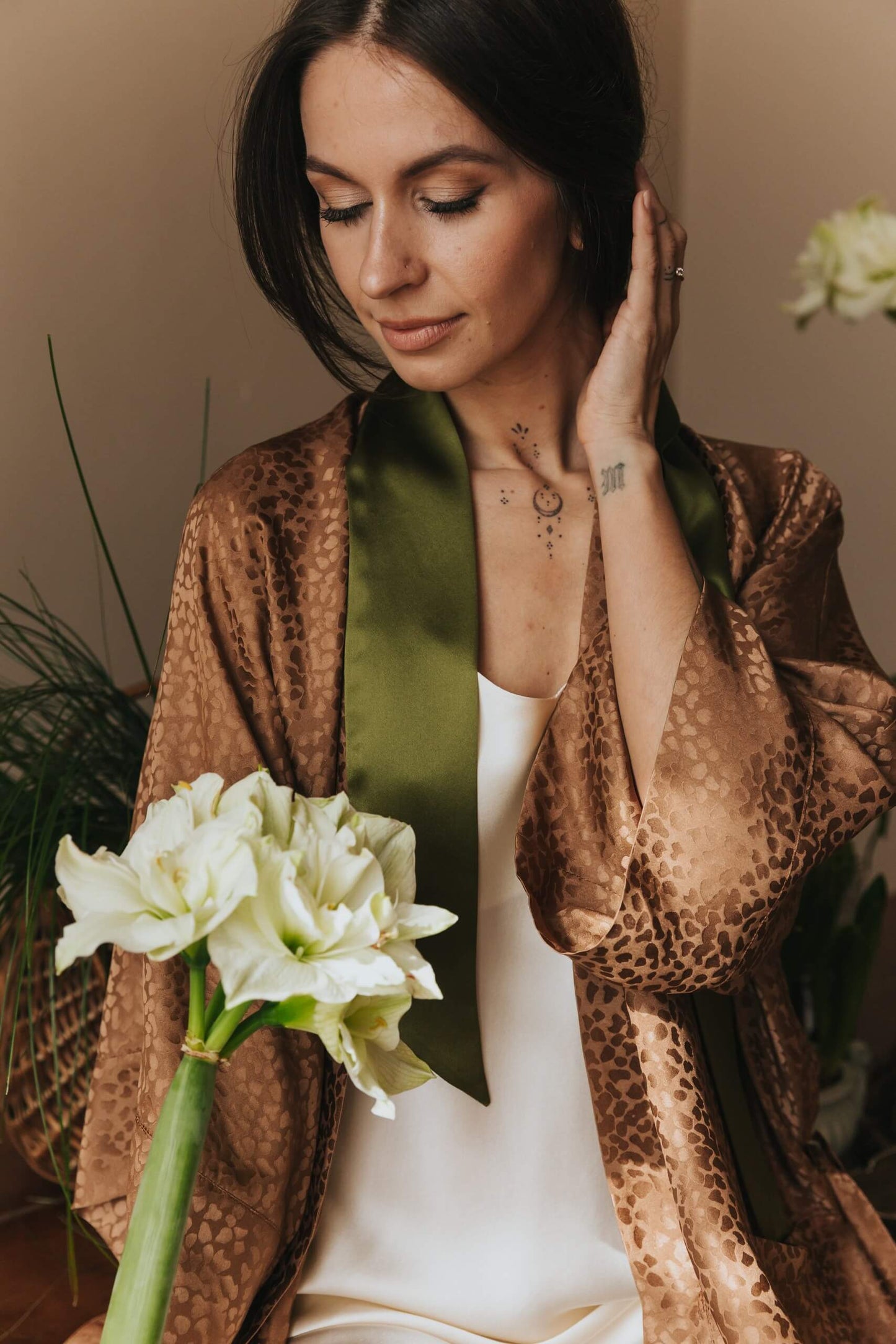 Kimono style long Silk Robe with Pockets, Caramel color