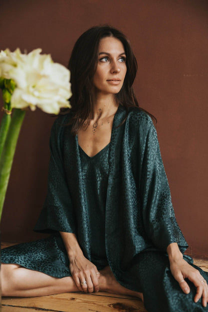 Kimono style long Silk Robe with Pockets, Forest Green