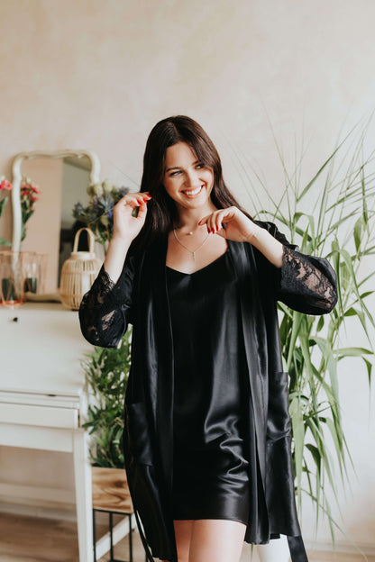 Silk robe with lace, Black