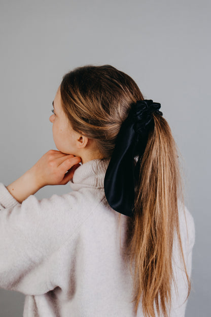 Silk hair scrunchie with bow, Black