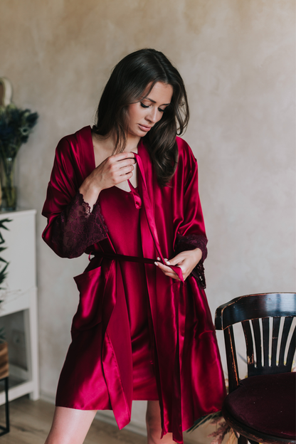 Silk robe with lace, Wine red
