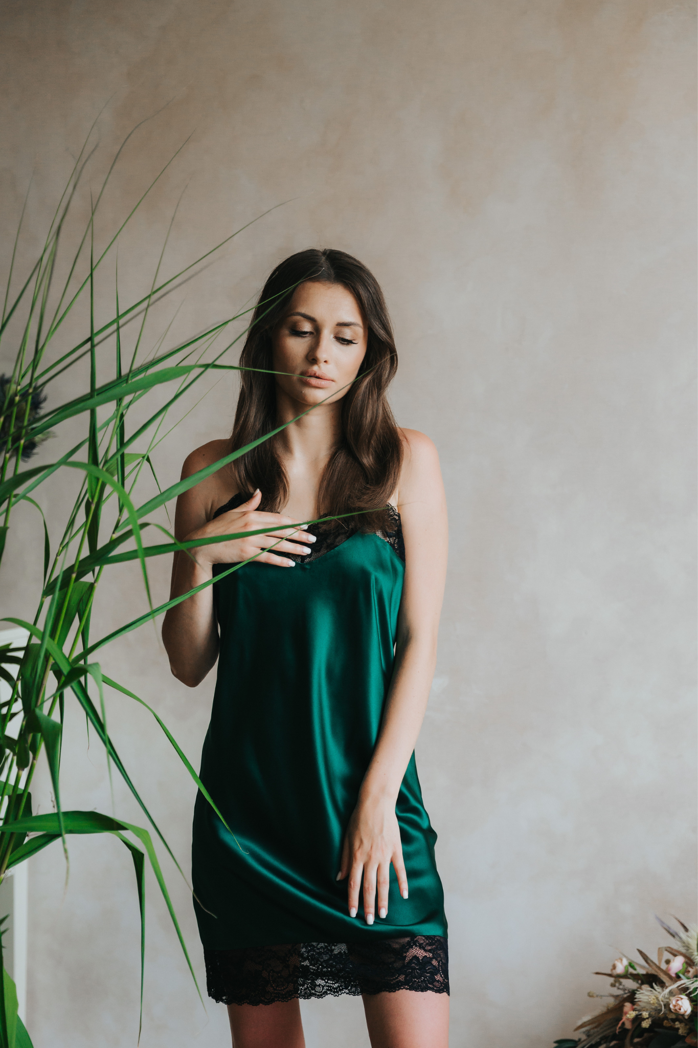 Silk nightgown with lace neckline and hemline, Green