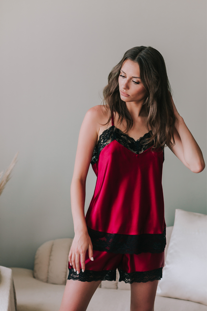 Silk pajama with black lace, Wine Red (22 mm)