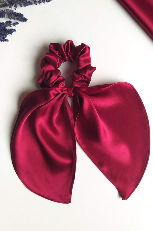 Silk hair scrunchie with bow, Wine Red