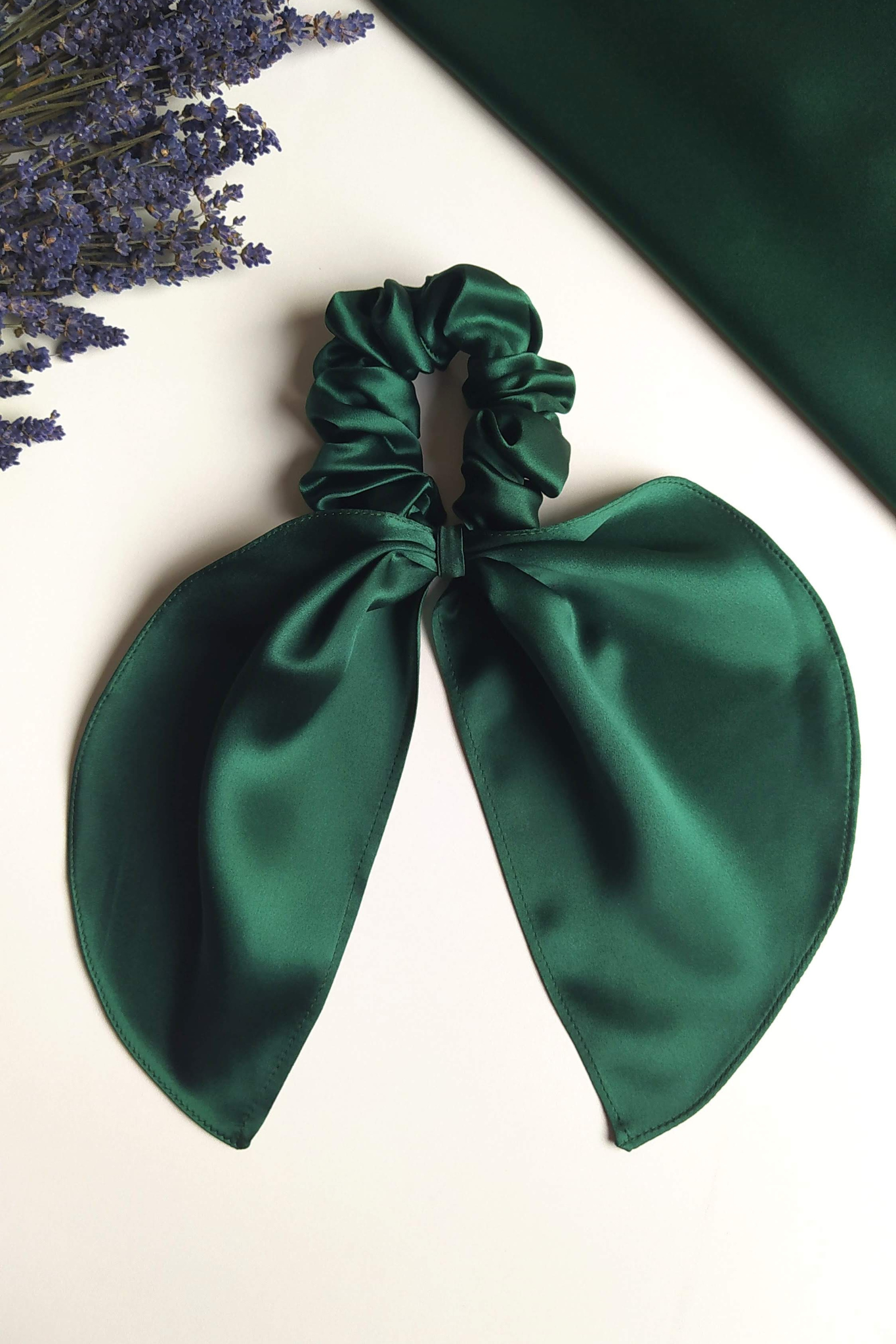 Silk hair scrunchie with bow, Green