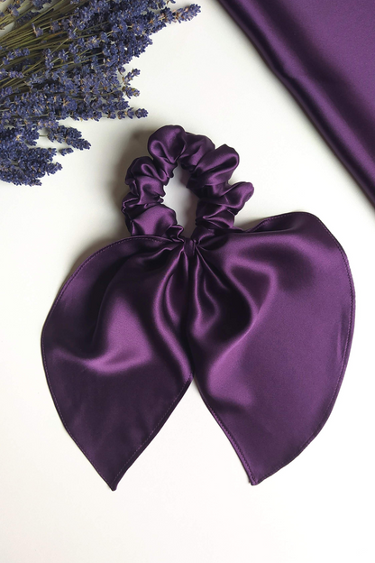 Silk hair scrunchie with bow, Purple