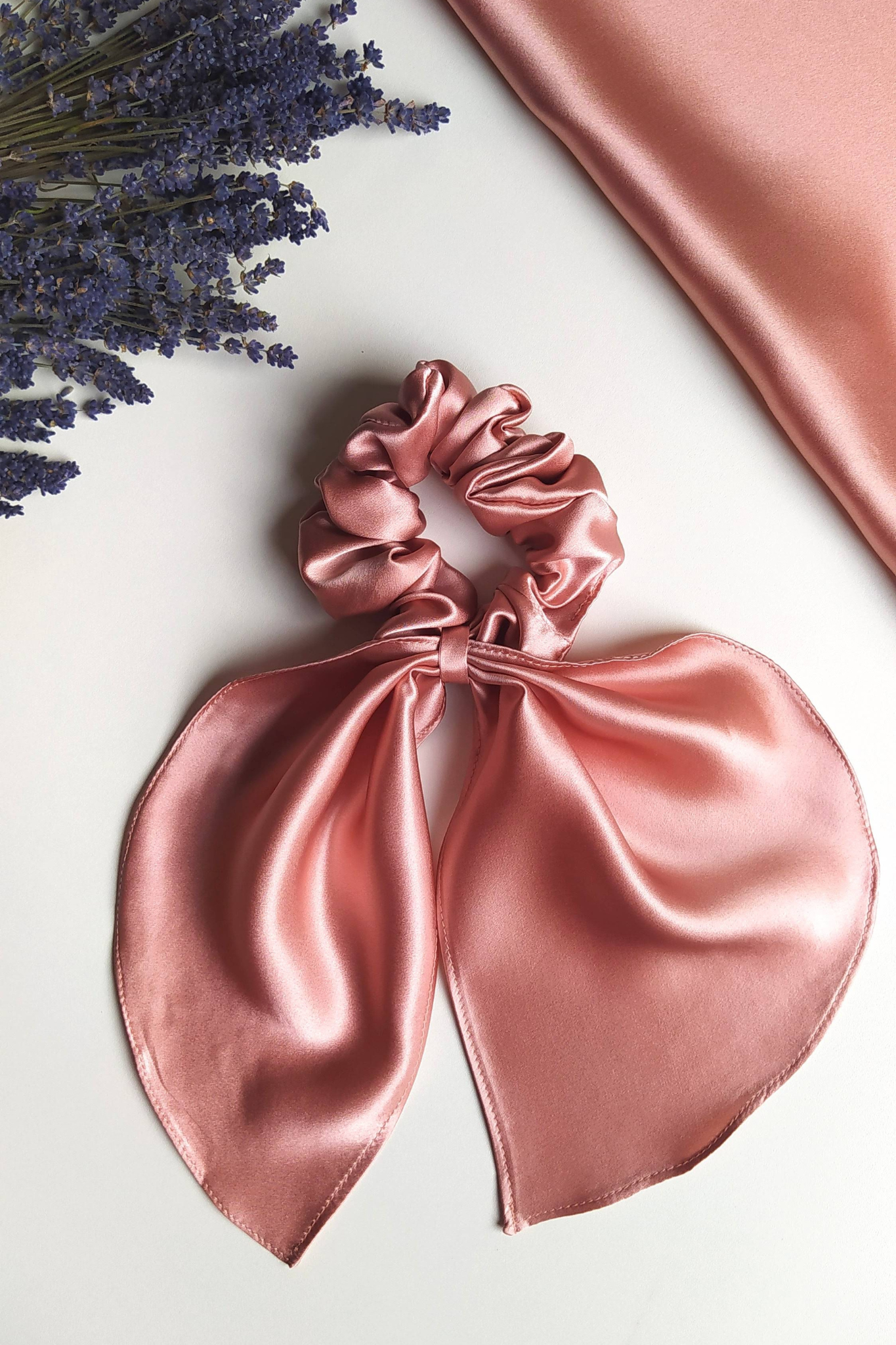 Silk hair scrunchie with bow, Rose Pink