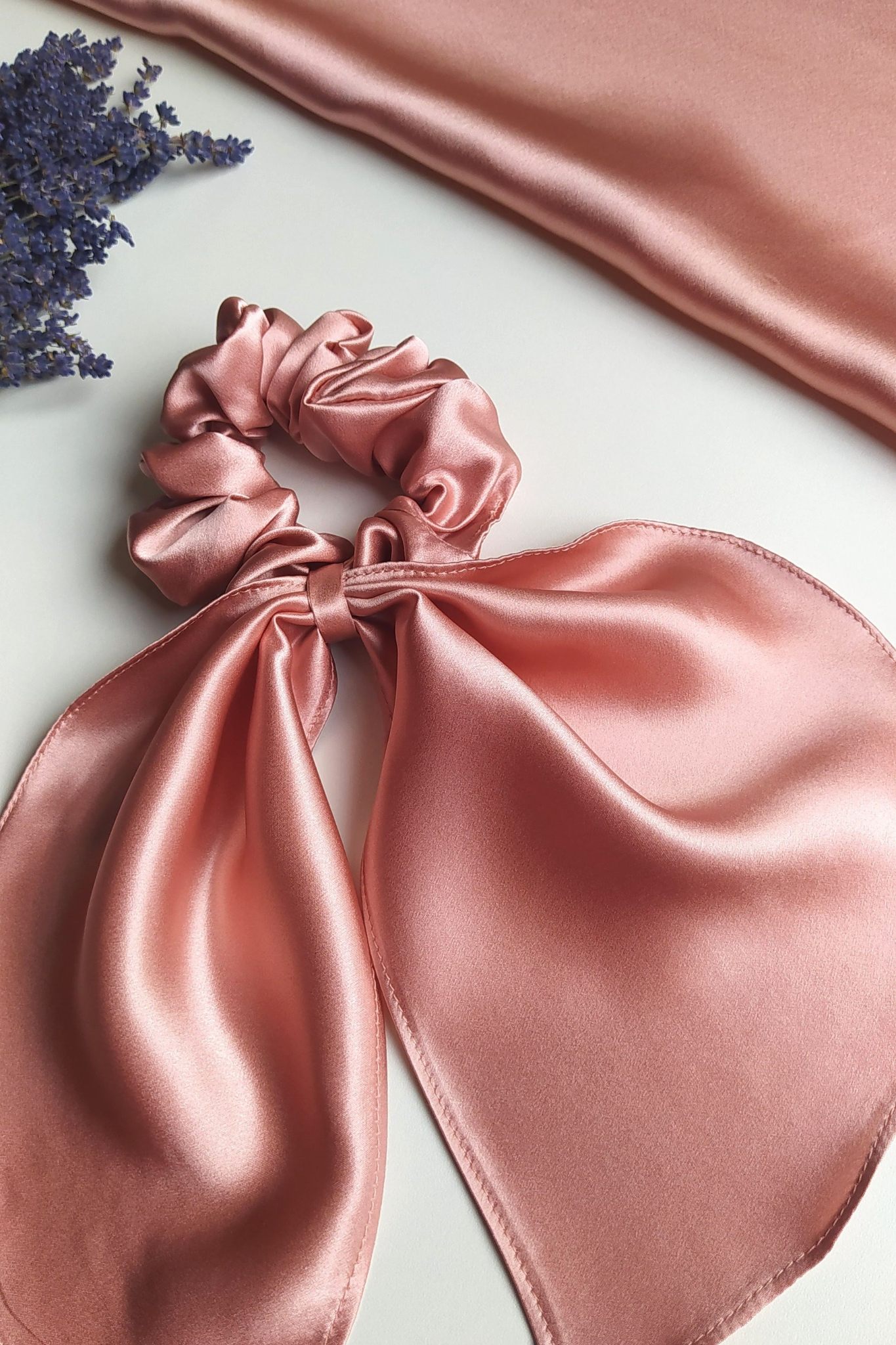 Silk hair scrunchie with bow, Rose Pink